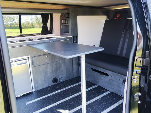 Brand New Citroen Dispatch XL 4 Berth 4 Travelling Campervan in Black For Sale with Black Pop Top Roof Rock and Roll Bed and Solar Panel - Interior Rock and Roll Bed Table and Units