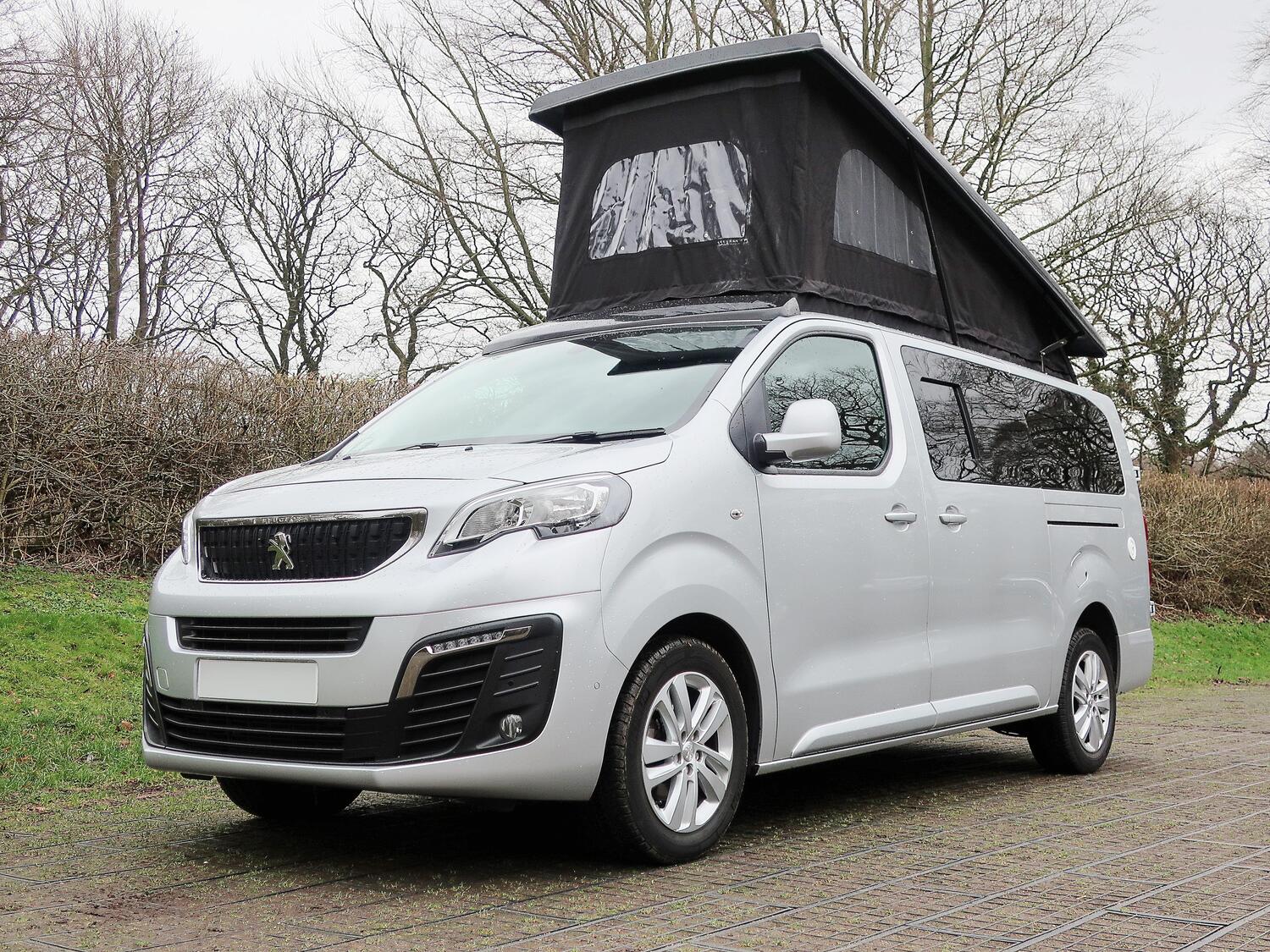 Peugeot-Expert-Long-Pro-4-BerthTravelling-Campervan- Front-Nearside-Angle-Pop-Top-Roof-Open