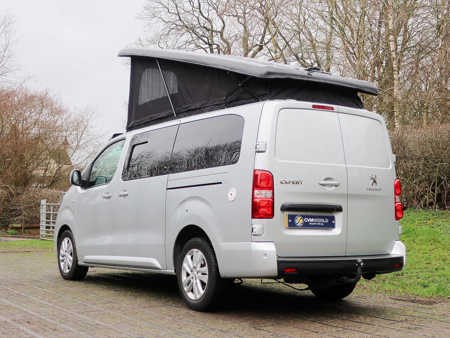 Peugeot-Expert-Long-Pro-4-BerthTravelling-Campervan-Rear Nearside Angle View with Pop Top Roof Open