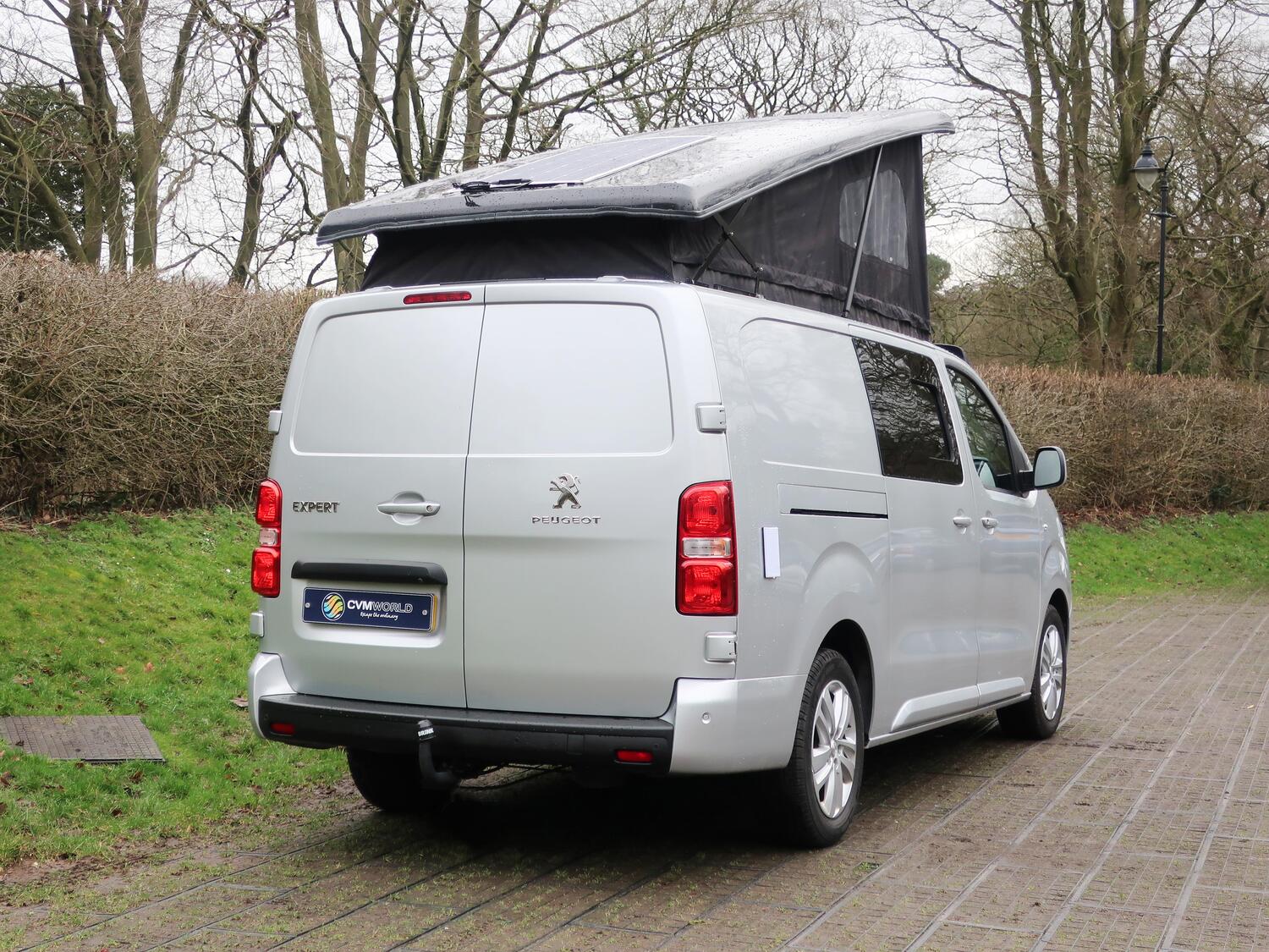 Peugeot-Expert-Long-Pro-4-BerthTravelling-Campervan-Rear Offside Angle with Pop Top Roof Open